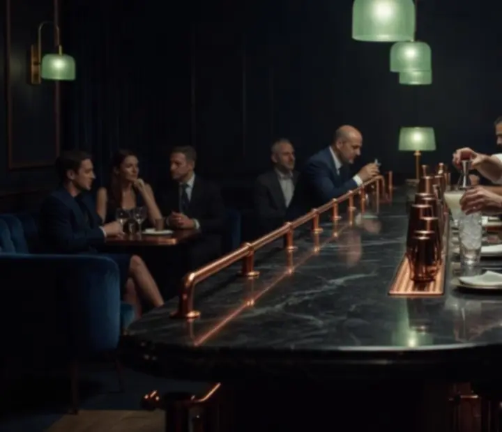 Moody bar and lounge area with cocktails at Acean Dashgrill