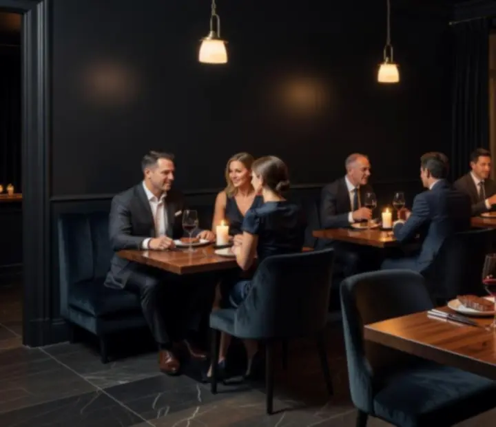 Candlelit restaurant interior with polished timber tables at Acean Dashgrill
