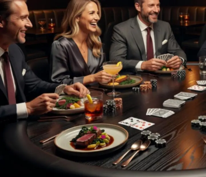Elegant evening table set for a poker event with candles and glassware