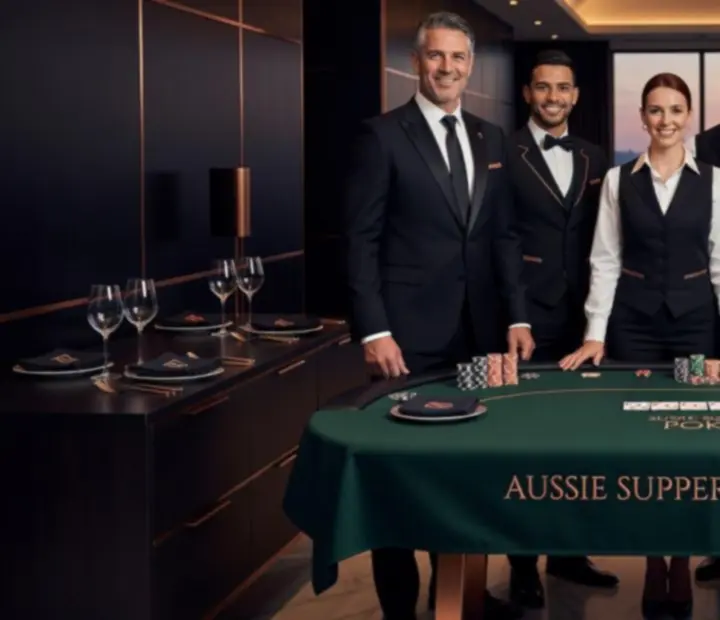Professional poker hosts and dealers standing in a refined restaurant setting