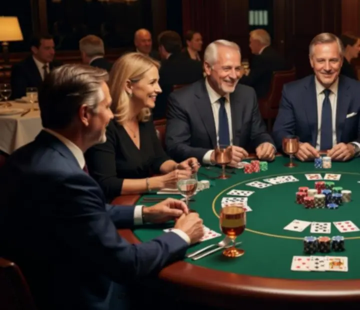 Candlelit poker table in a restaurant setting with cards and drinks prepared for guests