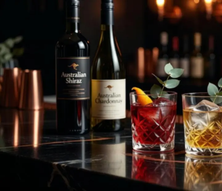 Premium cocktails and Australian wines arranged on a moody eucalyptus-toned bar